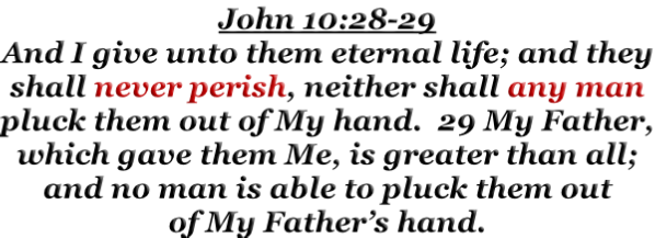 John 10:28-29 And I give unto them eternal life; and they shall never perish, neither shall any man pluck them out of My hand.  29 My Father, which gave them Me, is greater than all; and no man is able to pluck them out of My Father’s hand.