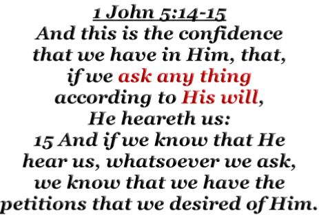 1 John 5:14-15 And this is the confidence that we have in Him, that, if we ask any thing according to His will, He heareth us: 15 And if we know that He hear us, whatsoever we ask, we know that we have the petitions that we desired of Him.