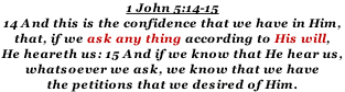 1 John 5:14-15 14 And this is the confidence that we have in Him,  that, if we ask any thing according to His will, He heareth us: 15 And if we know that He hear us,  whatsoever we ask, we know that we have the petitions that we desired of Him.