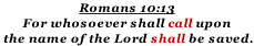 Romans 10:13 For whosoever shall call upon  the name of the Lord shall be saved.