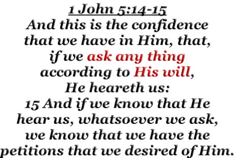 1 John 5:14-15 And this is the confidence that we have in Him, that, if we ask any thing according to His will, He heareth us: 15 And if we know that He hear us, whatsoever we ask, we know that we have the petitions that we desired of Him.