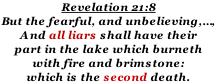 Revelation 21:8 But the fearful, and unbelieving,…,  And all liars shall have their  part in the lake which burneth  with fire and brimstone: which is the second death.